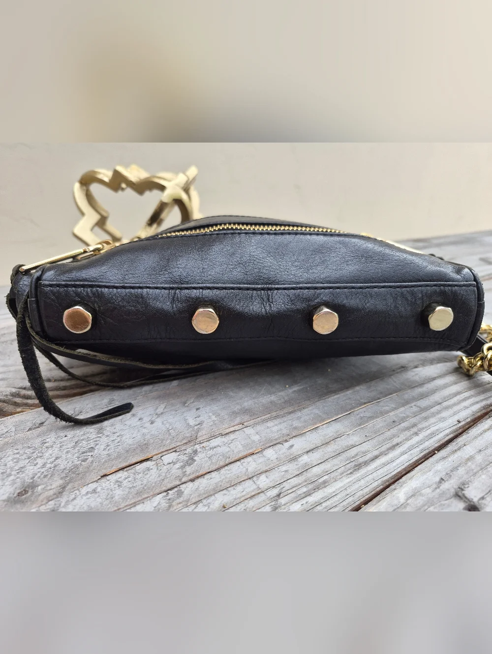 Rebecca Minkoff Black Leather Studded Crossbody Bag with Gold Zippers - Picture 9 of 16